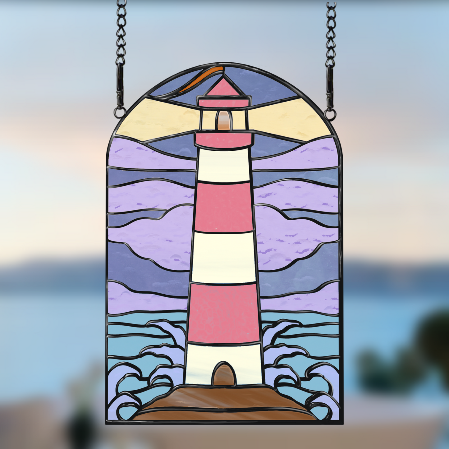 Lighthouse stained glass pattern featuring a classic coastal lighthouse, available as a printable digital download.