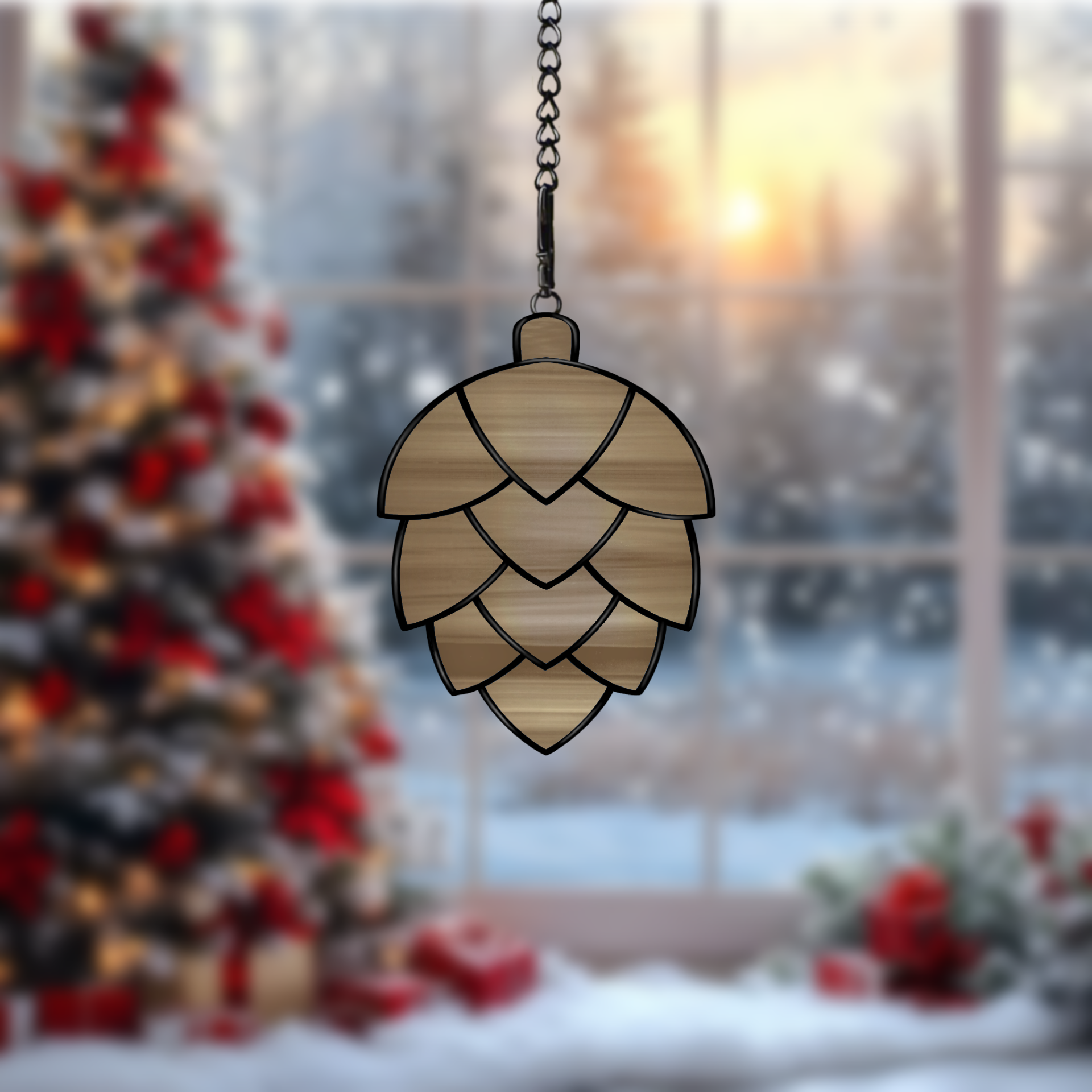 Digital stained glass pattern featuring a detailed pine cone design, perfect for nature or holiday-themed decorations.