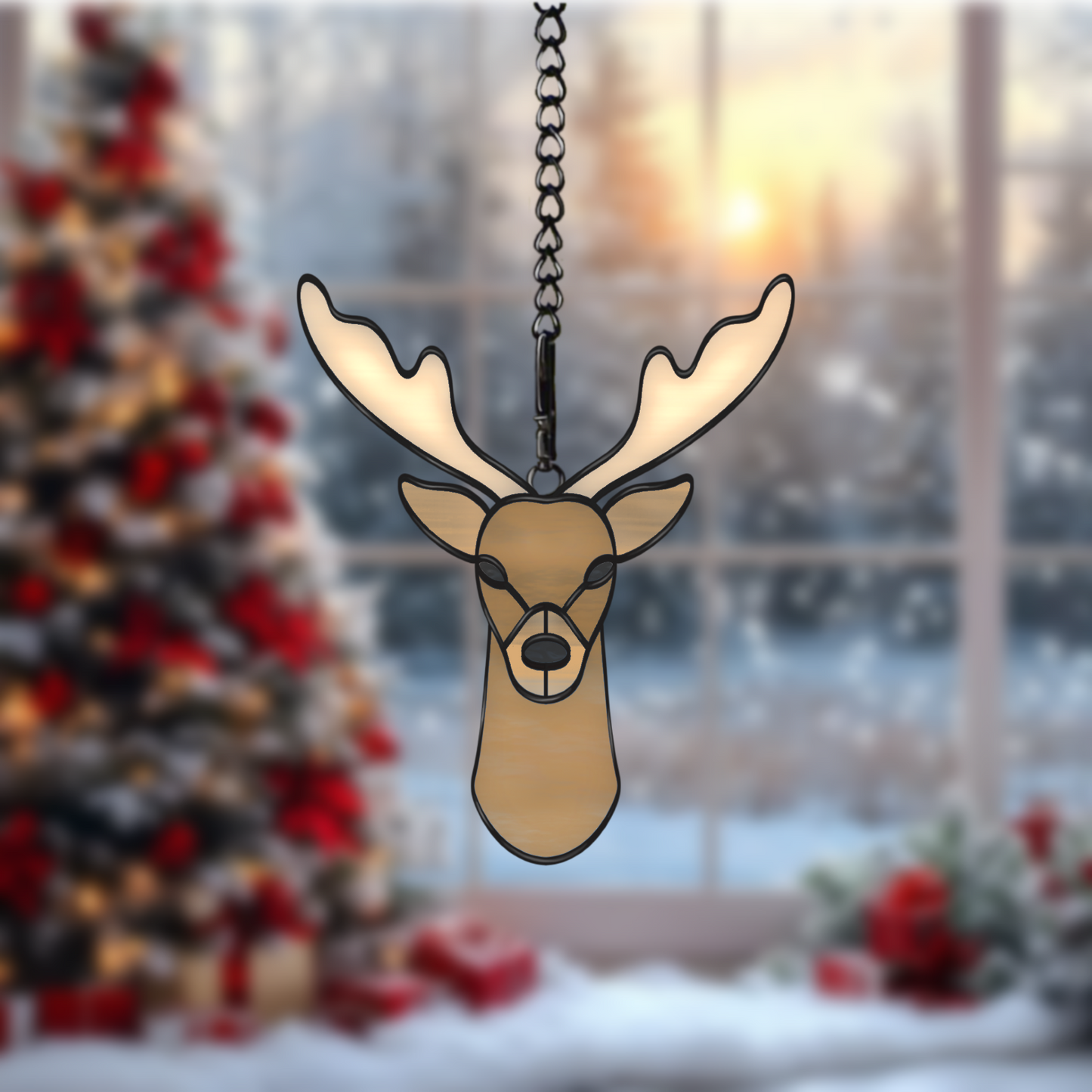 Digital stained glass pattern featuring a festive reindeer head, ideal for Christmas or holiday-themed designs