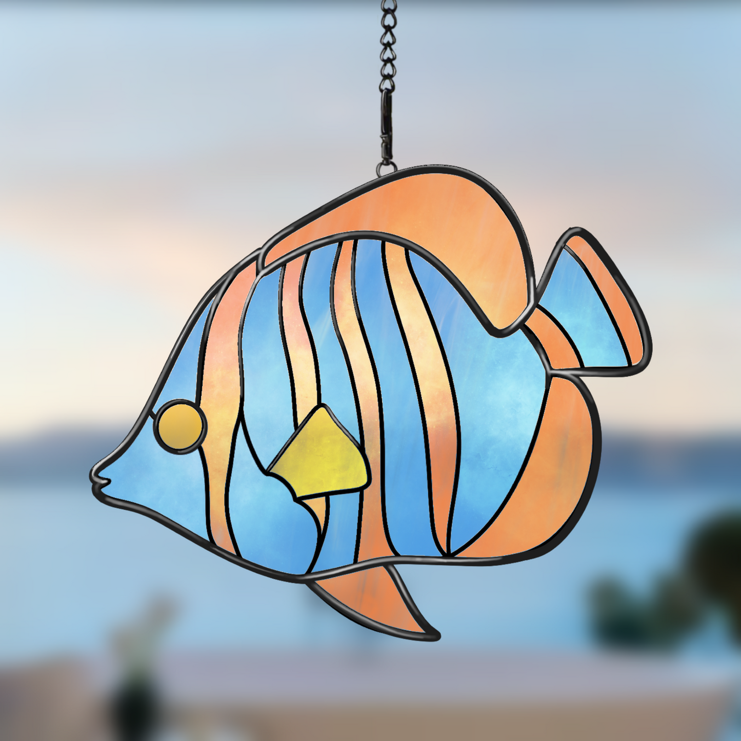 Tropical fish stained glass pattern, vibrant ocean-themed glass design.