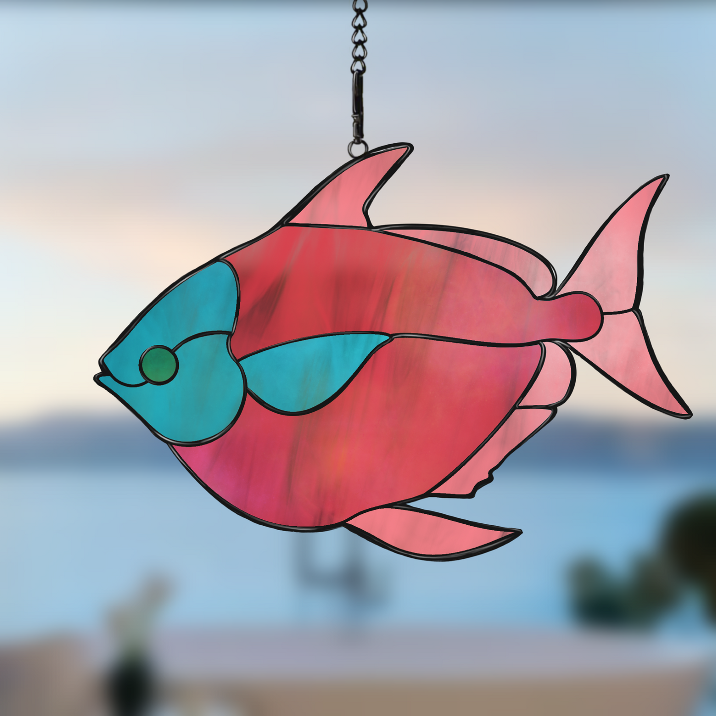 Tropical sea fish stained glass pattern, vibrant ocean-themed glass design.