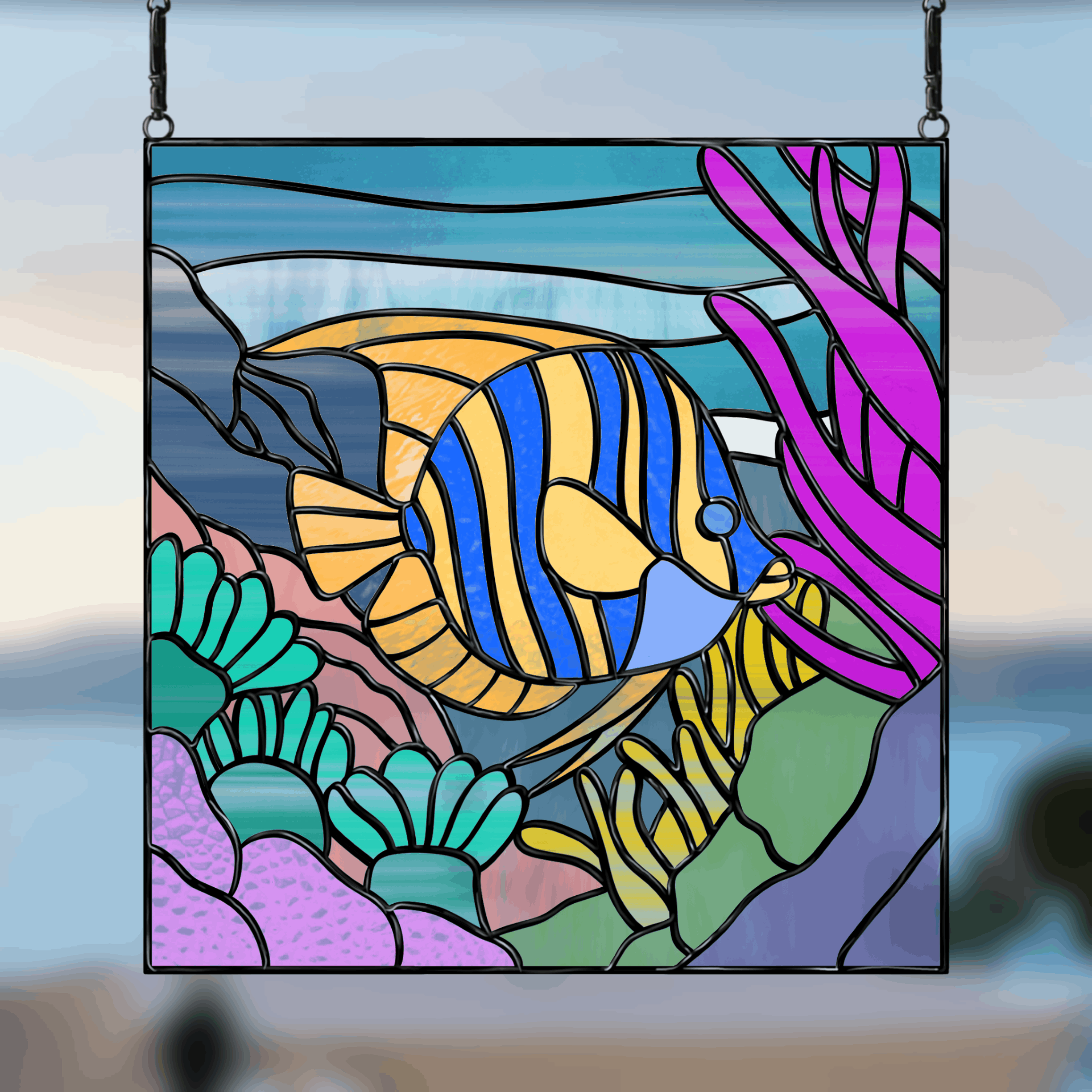 Downloadable Tropical Fish & Coral Stained Glass Pattern, ideal for creating vibrant, ocean-inspired stained glass pieces of any size. Available in PNG, PDF, JPEG, and SVG formats.